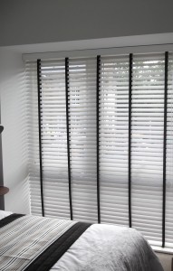 White Wooden Venetian Blind with Black Tapes